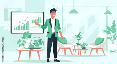 Man Presenting Business Growth Chart in Modern Office Setting.