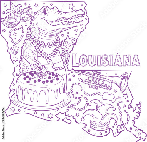 Louisiana Mardi Gras Alligator Line Art with King Cake Beads Mask and State Shape Festive Carnival Doodle Style Vector Design