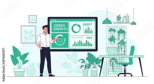 Man Presenting Business Growth Data on Interactive Display.
