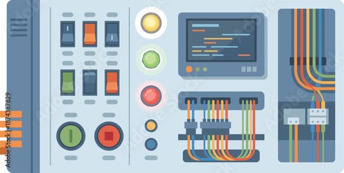 Control panel with switches, indicator lights, screen displaying code, and wiring connections for industrial automation or server rack equipment