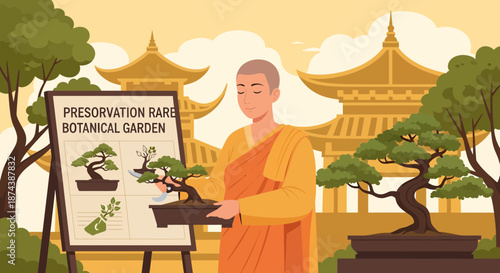 Monk tending bonsai trees in a serene botanical garden.