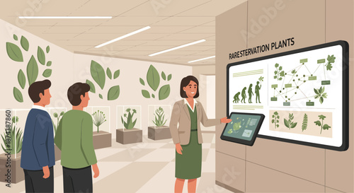 Museum exhibit with guide explaining plant evolution to students.