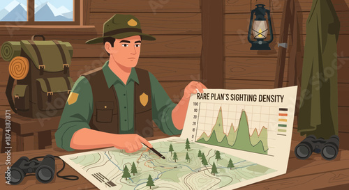 Park Ranger Analyzing Wildlife Sighting Density on a Map.