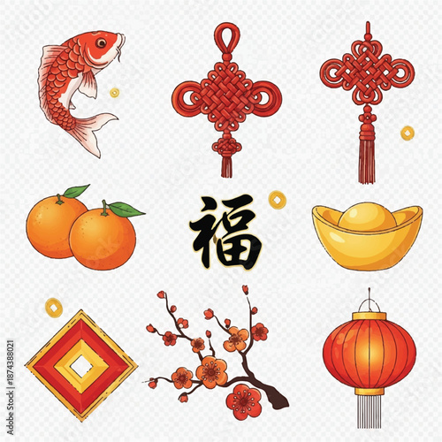 Festive Chinese New Year symbols including fish, lanterns, knots, and blessings of luck and prosperity.