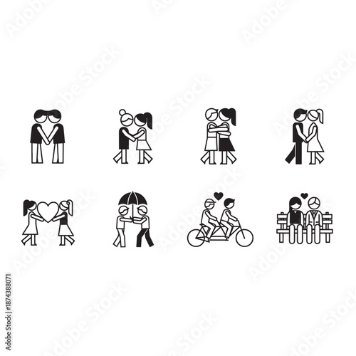 Simple black and white illustrations of couples in various romantic poses and activities.