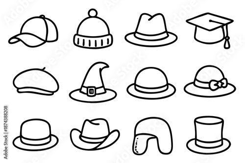 Hand drawn hat icons set with different headwear styles styles in black and white doodle outline line art