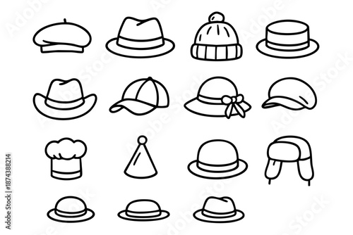Hand drawn hat icons set with different headwear styles styles in black and white doodle outline line art