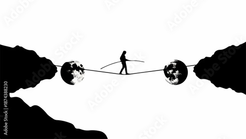 Silhouette of a person bravely balancing across a tightrope connecting two abstract worlds.