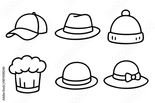 Hand drawn hat icons set with different headwear styles styles in black and white doodle outline line art