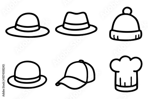 Hand drawn hat icons set with different headwear styles styles in black and white doodle outline line art