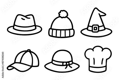 Hand drawn hat icons set with different headwear styles styles in black and white doodle outline line art
