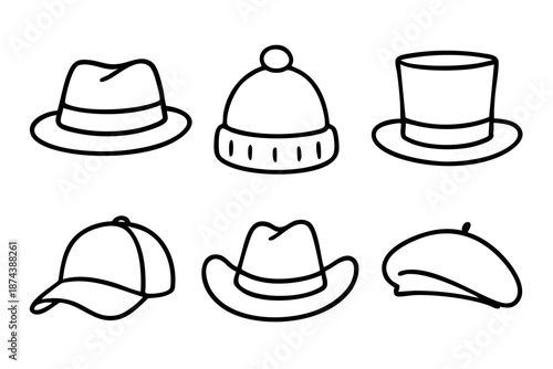 Hand drawn hat icons set with different headwear styles styles in black and white doodle outline line art