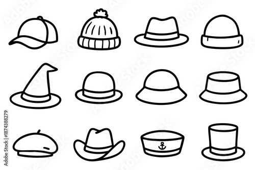 Hand drawn hat icons set with different headwear styles styles in black and white doodle outline line art