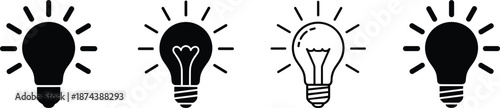 Professional light bulb icon set featuring solid black and outline designs representing creative ideas innovation and bright inspiration.
