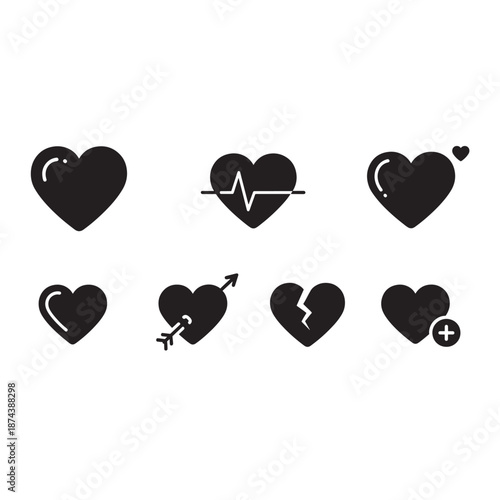 Set of black heart icons with various symbols and designs.