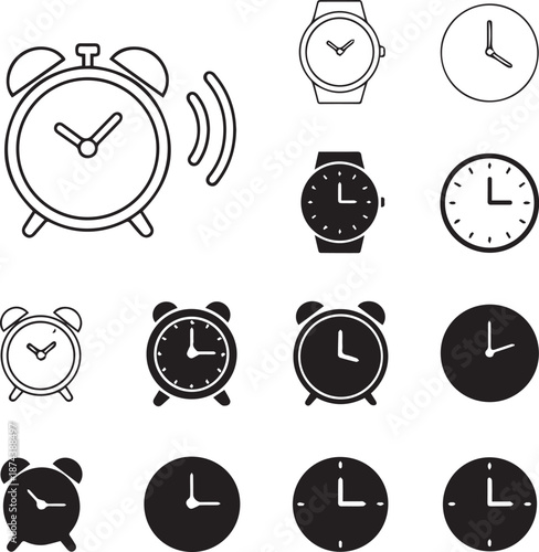 Collection of various alarm clocks and watches in black and white
