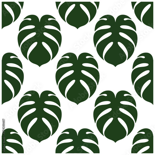 Dark Green Monstera Leaf Seamless Pattern Tropical Foliage Vector Background