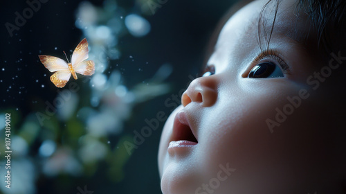 Baby eyes filled with curiosity gaze at glowing butterfly in magical, dreamy setting. soft lighting and gentle focus create sense of wonder and innocence