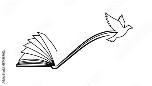 Dove flying out of an open book on white background