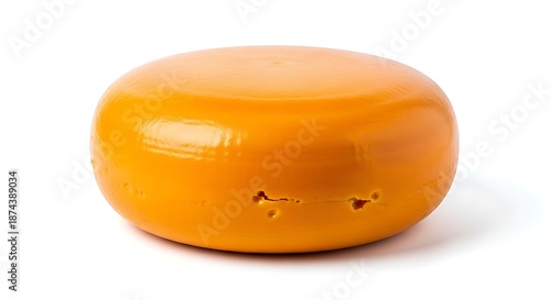 Round, yellow cheese wheel isolated on white background