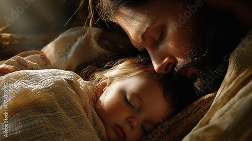 Tender moment captured as parent and baby sleep peacefully together, bathed in soft, warm light. serene expression on baby face reflects comfort and security
