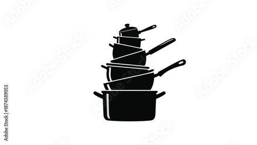 Stack of black cooking pots and pans on white background