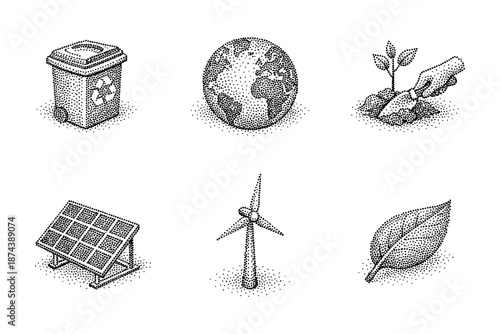 Eco-friendly icons: dotted style earth, recycling, and renewable energy concepts