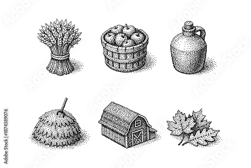 Rustic autumn harvest: vintage farm elements in dotwork style