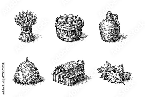 Vintage farm harvest collection with apples and wheat in monochrome stipple style