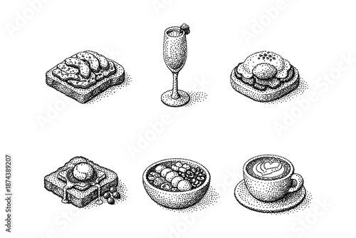 Retro stipple brunch: gourmet breakfast foods with classic dotwork style