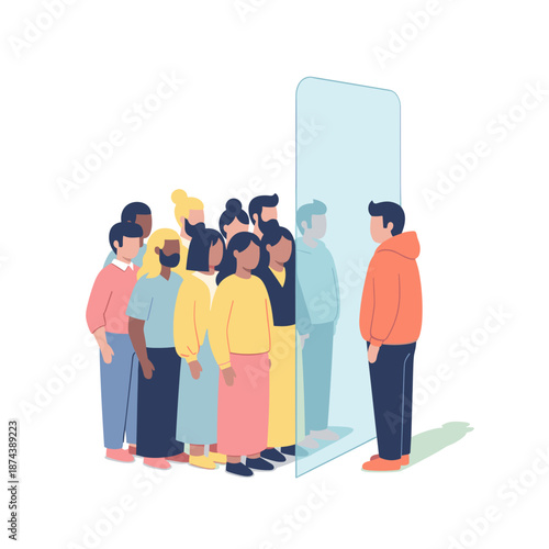 Individual standing apart from group of diverse people behind glass  