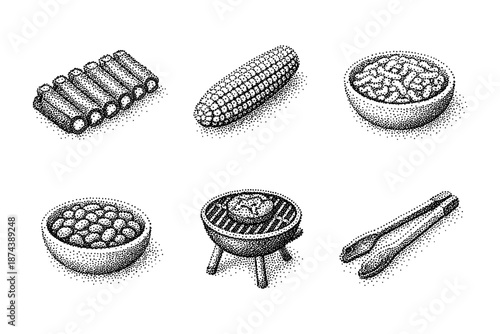 Halftone barbecue food and utensils set with corn, ribs, tongs and bowls