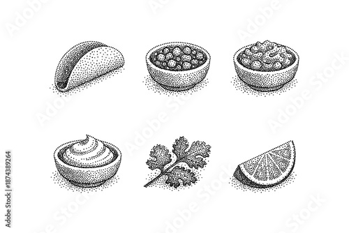 Stipple dot art of mexican cuisine ingredients: taco shell, salsa bowls, and garnishes
