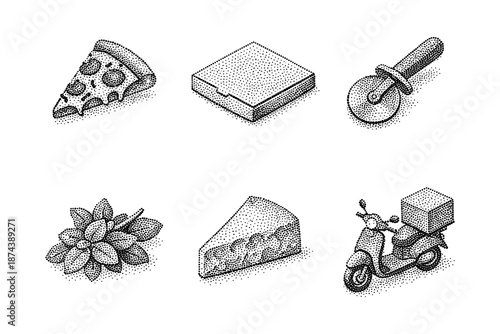 Pizza and delivery icons in halftone style with food elements and ride
