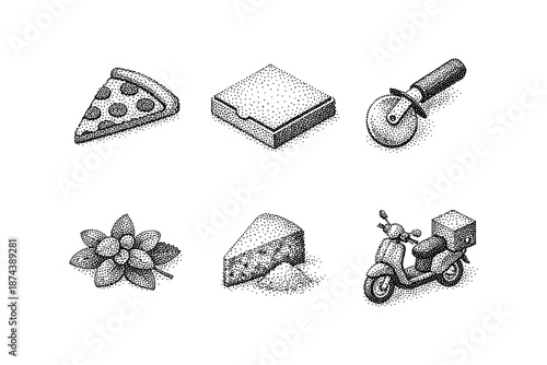 Vintage halftone food and delivery icons with scooter and utensils