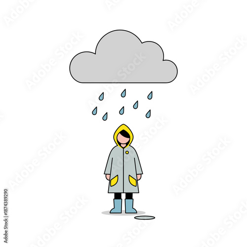 Person standing under rain cloud in yellow raincoat and boots  