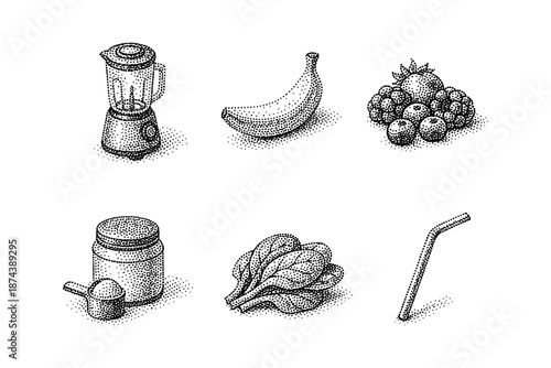 Vintage halftone collection: kitchen appliances and fresh produce design