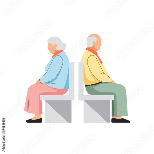 Elderly couple sitting back to back on a bench feeling disconnected  