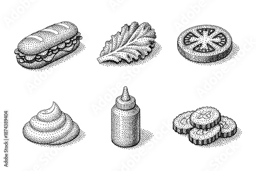 Hand drawn halftone style sandwich ingredients including tomato and lettuce