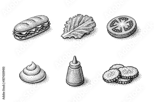 Dotted sandwich ingredients: vintage halftone style food elements