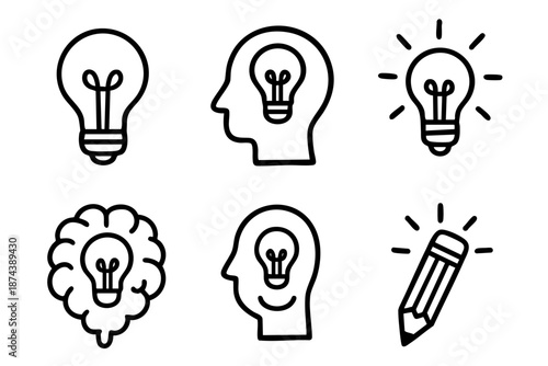 Creative idea and inspiration icons set with light bulb symbols in minimal outline doodle style