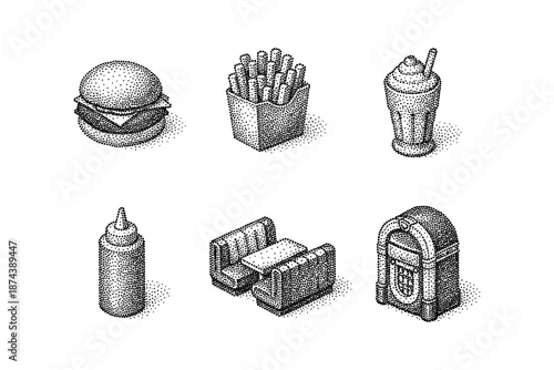 Retro halftone fast food icons with 1950s diner elements