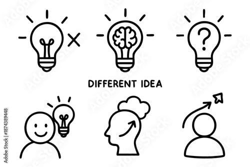 Creative idea and inspiration icons set with light bulb symbols in minimal outline doodle style