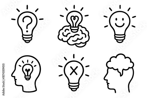 Creative idea and inspiration icons set with light bulb symbols in minimal outline doodle style