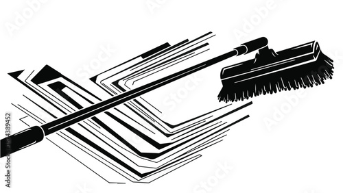 Broom and dustpan cleaning up abstract geometric shapes