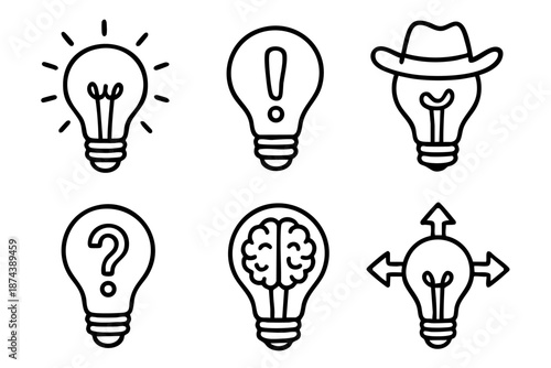 Creative idea and inspiration icons set with light bulb symbols in minimal outline doodle style