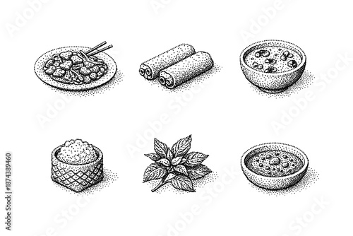Stippled asian cuisine icons: dumplings, spring rolls, rice, herbs, and soup