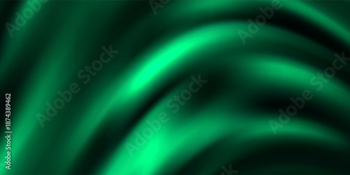 Green drapery silk fabric luxury background. Wavy abstract satin cloth vector texture pattern. Smooth shiny drape material curtain. Elegant velvet curve motion image realistic horizontal design.