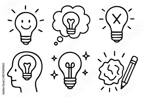 Creative idea and inspiration icons set with light bulb symbols in minimal outline doodle style