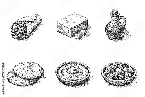 Hand drawn dot style middle eastern cuisine elements